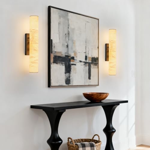 Natural Alabaster Wall Sconces Set of Two Spanish Marble Wall Light Cylinder Modern Black LED Sconce for Living Room Bedroom Bathroo Stairs（S (2 Count)