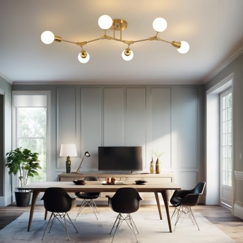 Modern Mid Century Gold Sputnik Semi Flush Mount Ceiling Light Fixture
