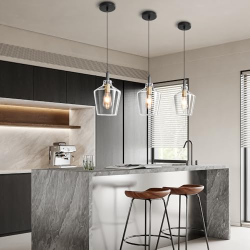 Glass Pendant Lighting for Kitchen Island 1 Pack Black Gold Clear 8 Inch