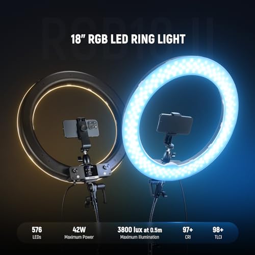 18 Inch RGB LED Ring Light APP Control with Tripod Stand and Phone HolderCompatible with iPhone for Selfie Makeup Lash Studio Streaming Video Recording Lighting