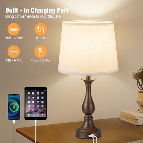 Bedside Table Lamp Touch Control Bedroom Lamps with USB A + C Charging Port 3 Way Dimmable Touch Lamps for Nightstand Living Room Bedroom Dorm Home Office Reading (2 Count)