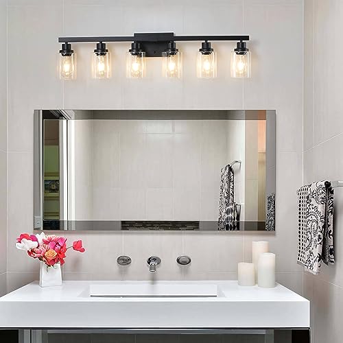 6 Light Black Vanity Lights 38'' Modern Bathroom Vanity Lighting Fixtures Above Mirror? Industrial Matte Bathroom Light Fixtures