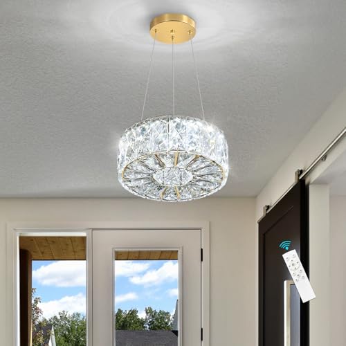 Modern Crystal Chandelier for Dining Room Dimmable LED Pendant Ceiling Light Fixtures with Remote for Entrance Bedroom Kitchen Island Gold