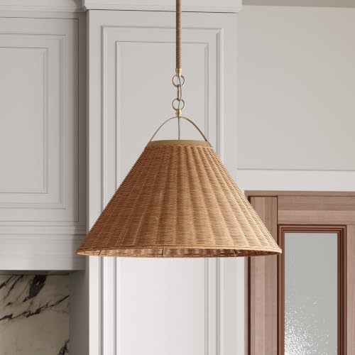 Cyprus Rattan Pendant Light with Coastal Wicker Cone Shade and Adjustable Brass Chain