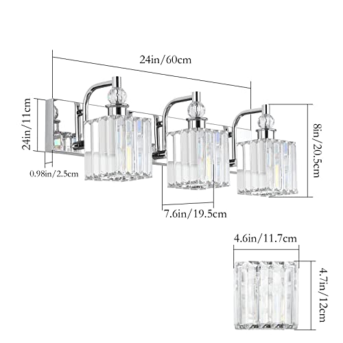 Modern Crystal Vanity Light 3 Light 24''Bathroom Lights Fixtures Over Mirror Chrome Vanity Light for Bathroom Wall Lighting