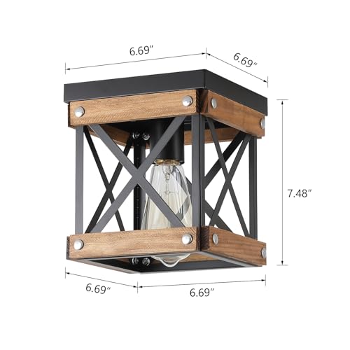 Rustic Farmhouse Wood Flush Mount Ceiling Light Fixture Oak Wood and Metal Square Cage Small Semi Flush Mount Ceiling Light for Kitchen Hallway Entryway Bedroom Farmhouse Country
