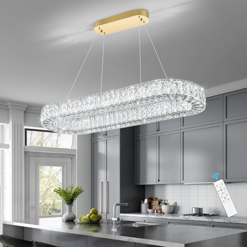 Oval Crystal Gold Chandelier Modern Dimmable LED Chandeliers for Dining Room Rectangular Light Fixture with Remote for Living Room Kitchen Light