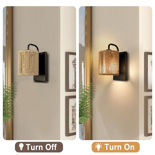 Boho Wall Sconce Rattan Wall Light Fixtures Hemp Rope Sconces