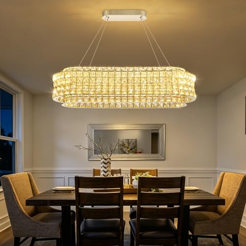 L32 x W12 Modern Chandeliers for Dining Room LED Dimmable Pendant Lighting Ceiling Chandelier Crystal Rectangle Light Fixtures Silver
