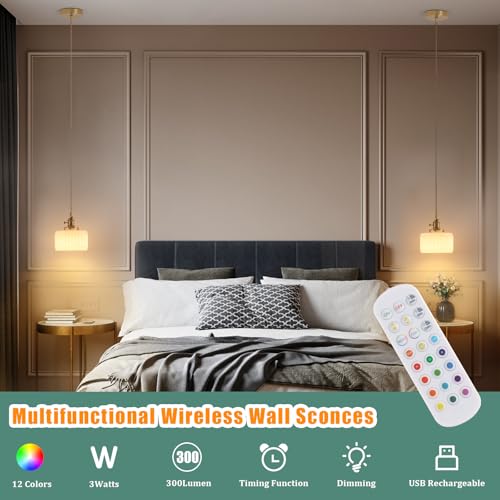 Battery Operated Pendant Light 5000mAh Rechargeable Chandelier with Remote Control Wireless Adjustable Hanging White Striped Light for Kitchen Island Dining Room Hallway (2 Count)