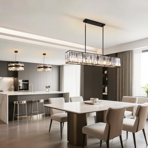 Modern Black Rectangular Crystal Chandelier for Dining Room