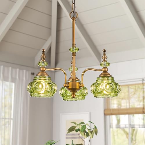 3 Light Green Pendant Lighting Fixtures Vintage Brass Pendant Light for Bedroom Kitchen Island Dining Room Living Room