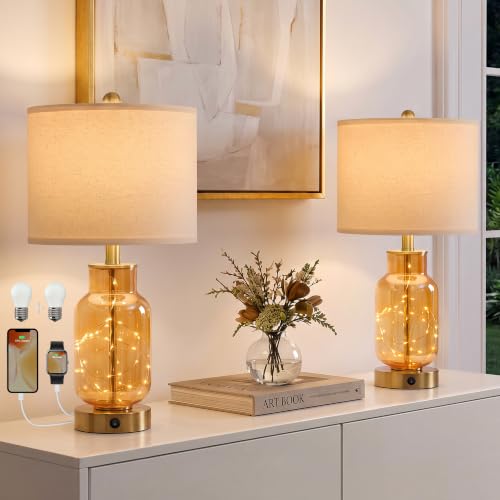 22" Glass Table Lamps Set of 2 with Night Light for Bedroom