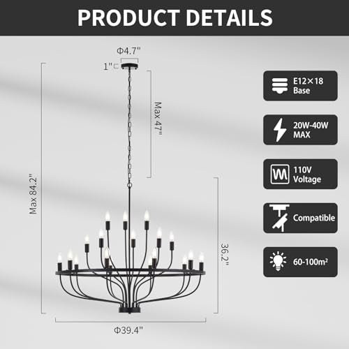 39.4" Large Black Chandelier