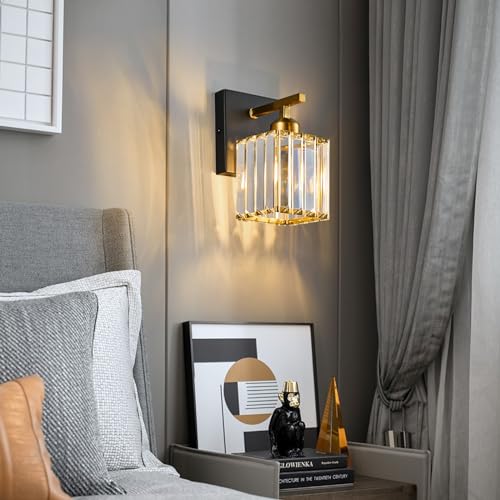 Modern Wall Sconce Set of Two Indoor Wall Lamp Black Gold Wall Sconces Crystal Wall Light Bathroom Vanity Light Fixtures Wall Mounted Room Sconce Wall Lighting (2 Count)