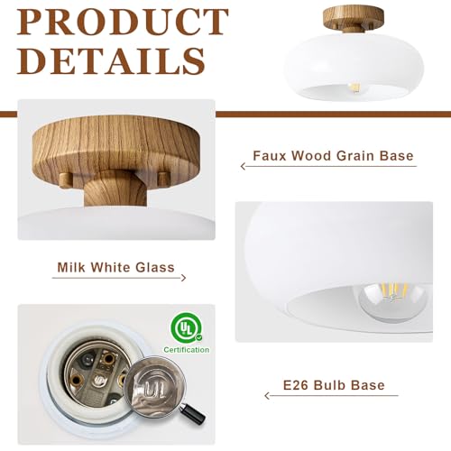 Mid Century Modern Faux Wood Semi Flush Ceiling Light 11.0 Inch