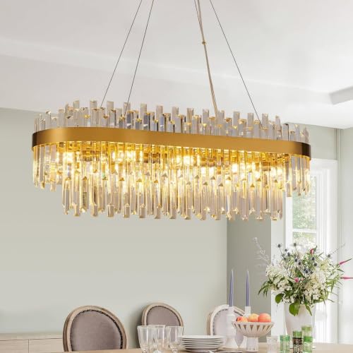 35.4" Brushed Gold Rectangular Crystal Chandelier Dining Room Kitchen