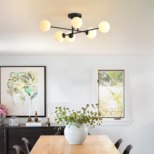 Black Modern Sputnik Chandelier Ceiling Light Fixtures 6 Light Milk Glass Globe Sputnik Chandelier Mid Century Bedroom Semi Flush Mount Ceiling Light