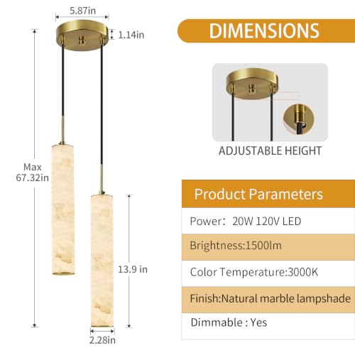 Gold Natural Alabaster Long Tube Kitchen Island Pendant Lights