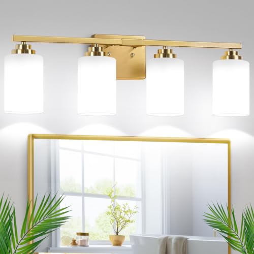 4 Light Gold Bathroom Light Fixtures Over Mirror 27 Inches