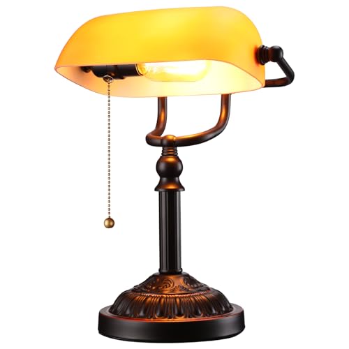 Amber Glass Bankers Desk Lamp with Pull Chain