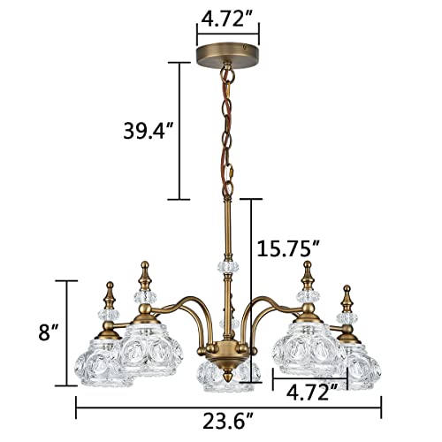 Vintage 5 Lights Gold Glass Pendant Lighting Rustic Style Chandelier Matte Brushed Antique Brass Finish with Crystal Glass Shade for Kitchen Island