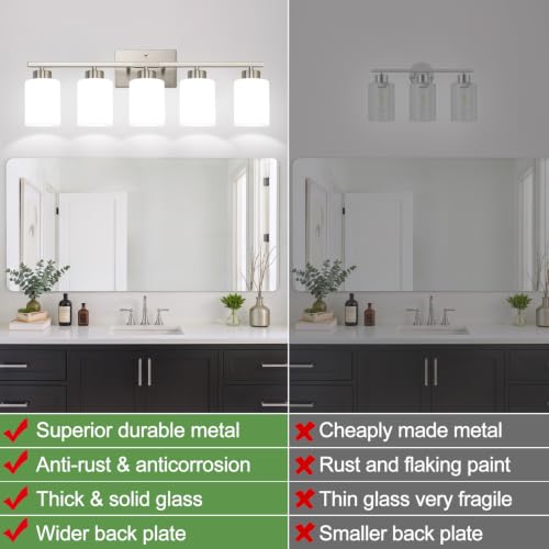 Brushed Nickel Bathroom Light Fixtures with Milk Glass Shades