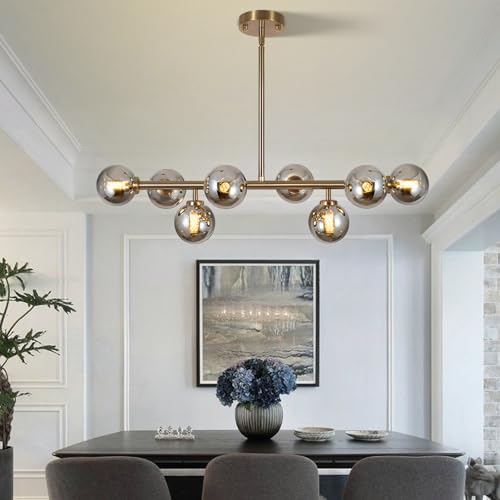 Sputnik Chandelier Gold Pendant Linear Light Modern Mid Century Light Fixture Grey Globe Shade for Dining Living Room Kitchen Island 8
