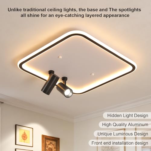 Modern Square LED Flush Mount Ceiling Light with 2 Spotlights