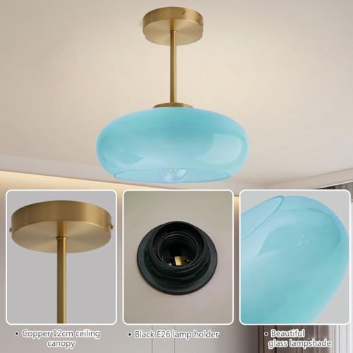 Semi Flush Mount Ceiling Light Blue Glass Ceiling Lights 11" Large Globe Shade Vintage Brushed Gold Brass Flush Mount Lamp Modern Close to Light Fixture for Hallway Bedroom Entrance