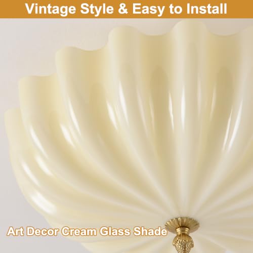 15.7in Cream Glass Ceiling Light Flush Mount Flower Shade 3 (Gold & Cream / 15.7in)