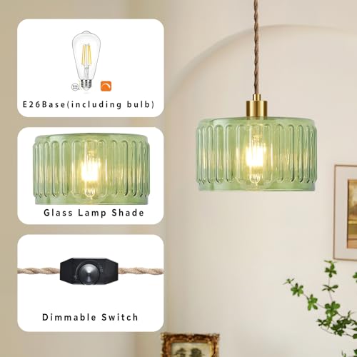 Plug in Pendant Light Hanging Lights with Plug in Cord Boho Hanging Lamp Glass Gold Mid Century Modern Vintage Dimmable Green Flower Plug in Chandelier Ceiling Fixture for Living Room