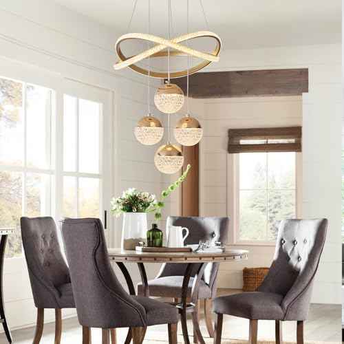 Gold LED Chandeliers, 3-Color Dimmable Pendant Light Dining Room Light Fixtures for Kitchen Island Adjustable Modern Chandeliers for Dining Room Living Room Bedroom