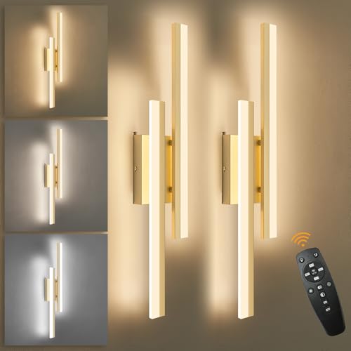 LED Wall Sconce Set of 2 Gold Remote Modern LED Vanity Lights Set of 2 Indoor Wall Light Fixtures for Living Room