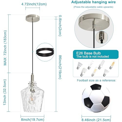 Hammered Glass Pendant Light for Kitchen Island Foyer 1 Pack Nickel 8 Inch