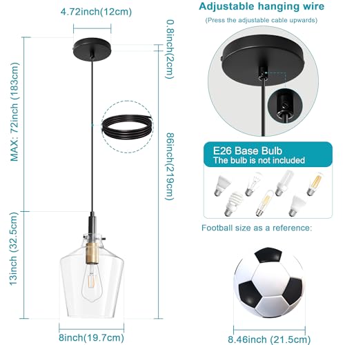 Glass Pendant Lighting for Kitchen Island 2 Pack Black Gold Clear 8 Inch (2 Count)