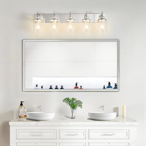5 Light Brushed Nickel Bathroom Light Fixture Over Mirror Modern Bathroom Vanity Light Vintage Wall Lighting with Clear Glass Shade for Bathroom