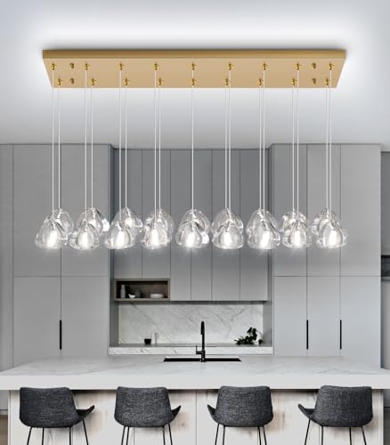 W35 x D11.8 x H118 Rectangular Chandelier Bubble Crystal Balls Glam Chandeliers Dimmable Light High Ceiling Pendants Light Fixtures Adjustable Long Lights Antique Gold