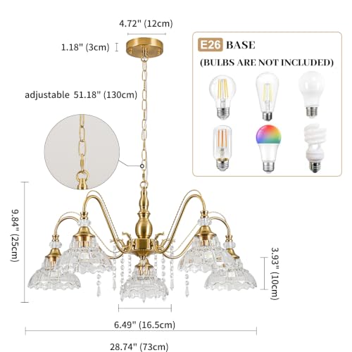 5 Light Vintage Chandelier in Brushed Gold Finish with Flower (5-Light / Gold)