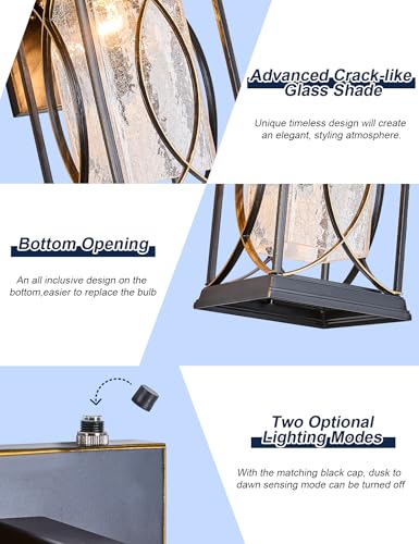 Dusk to Dawn Outdoor Wall Light Black with Gold Trim Modern Exterior Sconce Aluminum Waterproof Coach Light Fixture with Crack