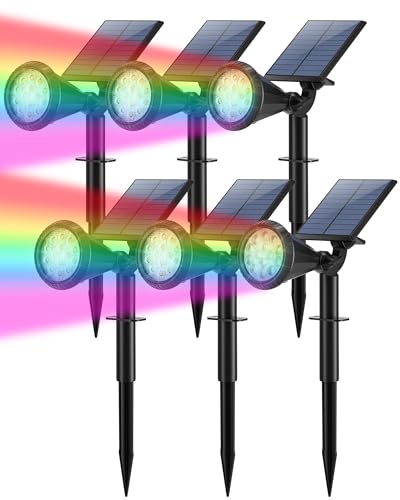 Color Changing Solar Spot Lights Outdoor Waterproof 180° Adjustable Colored RGB Solar Powered Landscape Lights for Yard 7 Lighting Modes Solar Spotlights for Pathway Garden Outside (6 Count)