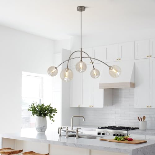 Mid Century Modern Sputnik Chandelier with Glass Globe Cognac Shade Adjustable 5 Light Silver Chandelier for Dining Room Kitchen Bedroom