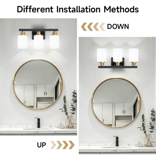 3 Light Vanity Lights Black and Gold Bathroom Light Fixtures 17in
