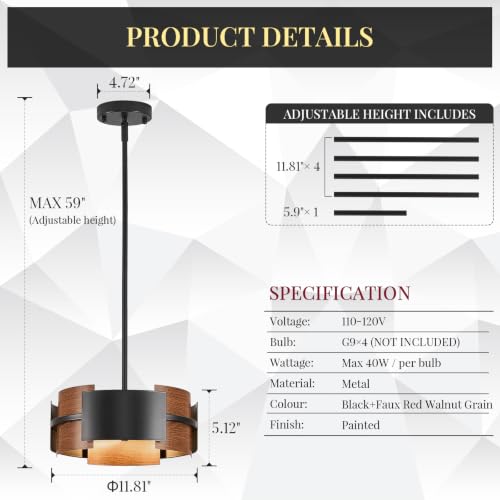 12" 4 Light Industrial Drum Chandelier with Red Walnut Grain