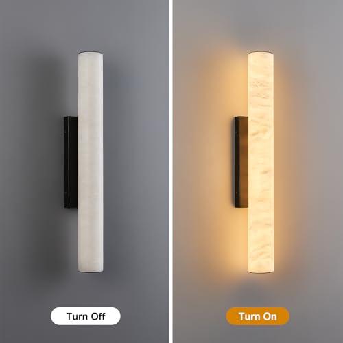 Natural Alabaster Wall Sconces Spanish Marble Wall Light Cylinder Modern Black LED Sconce for Living Room Bedroom Bathroom Stairs（M