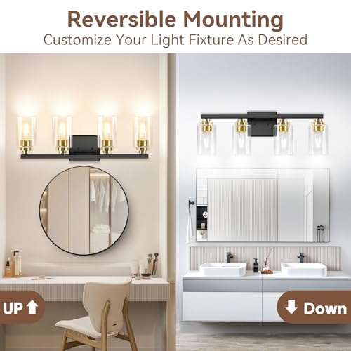4 Light Black & Gold Bathroom Light Fixtures Over Mirror 27 Inches