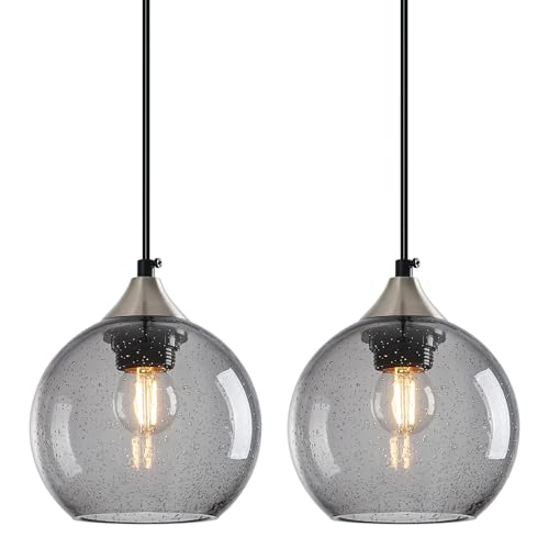 Light Grey Glass Pendant Lights Kitchen Island Globe Pendant Light Fixtures Modern Pendant Lighting for Bedroom Living Dining Room Light Fixture (2 Count)