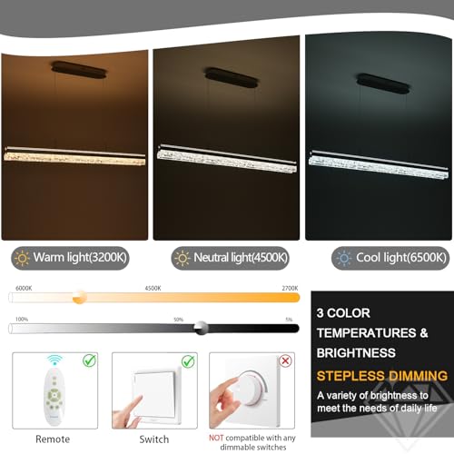 Modern Chandeliers for Dining Room Dimmable Crystal Led Pendant Light Kitchen Island Lighting 47in Ceiling Hanging Pendant Light with Remote