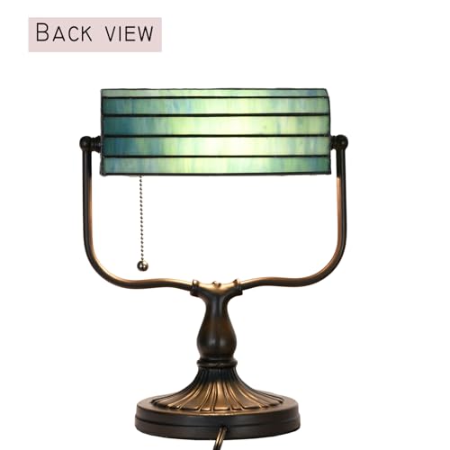 TL0030 Dragonfly Tiffany Banker Desk Lamp Stained Glass Green Shade with Vintage Bronze Base W10.25 X OH13 Inches