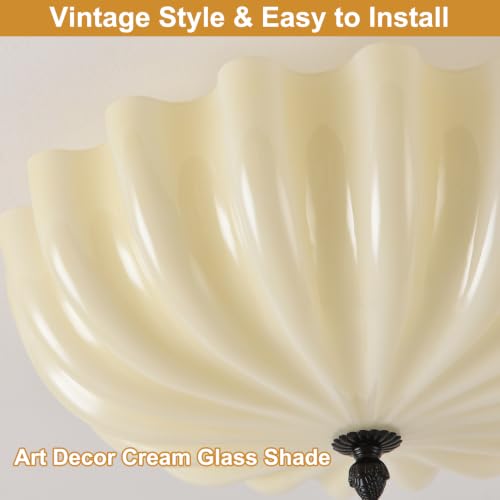 15.7in Cream Glass Ceiling Light Flush Mount Flower Shade 3 (Black & Cream / 15.7in)